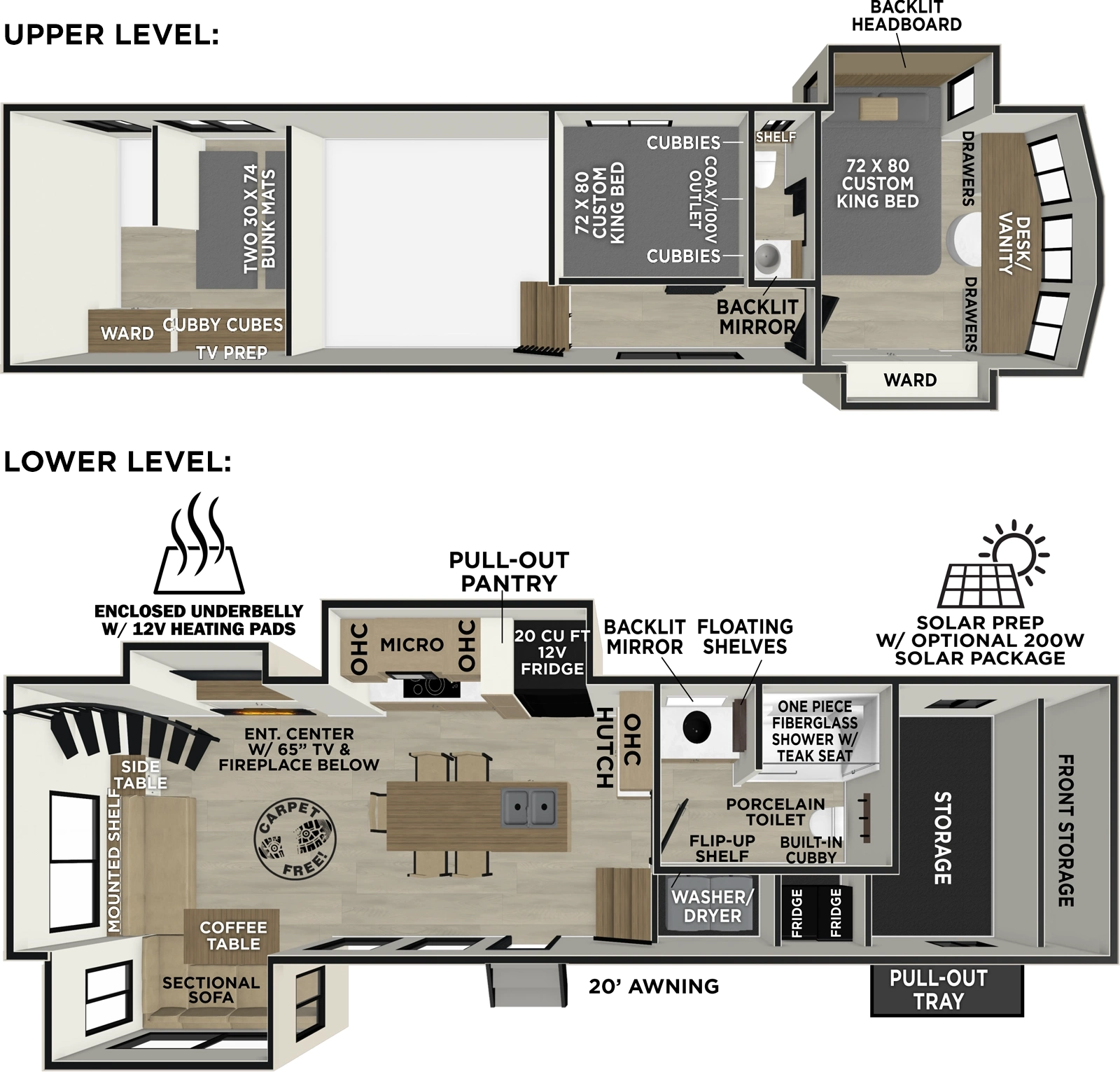 The Heritage Glen Fifth Wheels ROOST43 floorplan has one entry and five slide outs. Exterior features include: fiberglass exterior and 20' awning. Interiors features include: loft, kitchen island, front bedroom, two bedrooms, rear living and bathroom and a half.